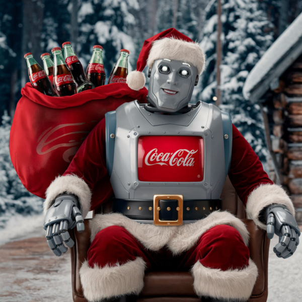 imagen de santa coles robot sentado cargando unas botellas de Coca Cola